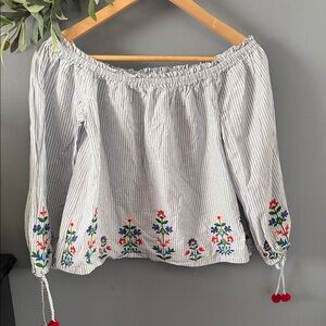 Forever 21 Blue and White Stripe Off-Shoulder Embroidered Top